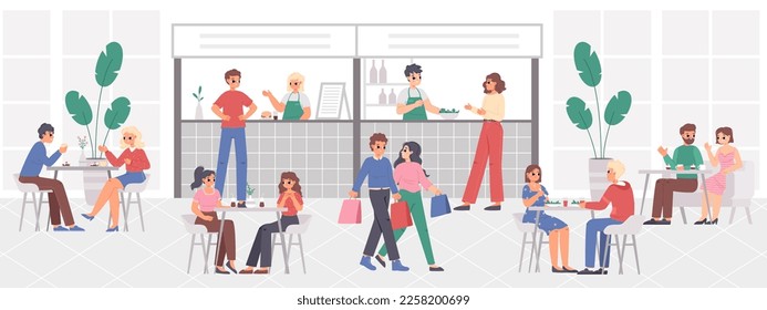 People on food court, teenagers in restaurant. Coffee buffet, cute person eating in cafe in mall. Cafeteria snugly location, students on lunch vector scene