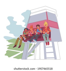 People on fun ride at attraction park. Carnival fairground or funfair vector illustration. Man and women sitting excited and scared. Happy people at amusement park on holiday or weekend.