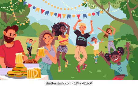 People On Garden Party. Drinking Couple, Retro Dancing Family Evening With Drink. Outdoor Dance On Backyard With Barbecue Vector Illustration