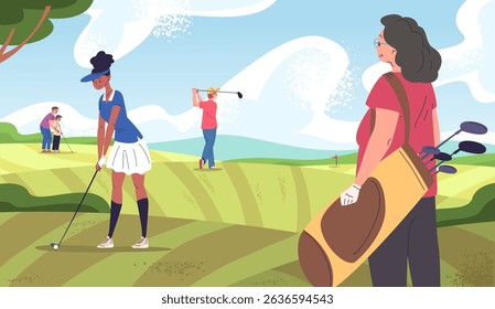 People on golf field. Golfer play putt stick hit ball golfing club course landscape summer grass background, man with cart bag professional player banner classy vector illustration original artwork