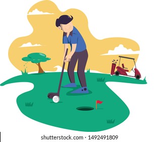 People on Golf Field in Summer, Relaxing Flat Cartoon Vector Illustration. Sport in Summertime. Outdoor Funny Activity. Healthy Lifestyle. Woman and Man with Equipment such as Golf Clubs and Balls