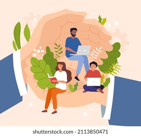 People on hand. Metaphor for boss concern for his subordinates, businessman creates comfortable conditions for employees. Company development, good atmosphere in team. Cartoon flat vector illustration