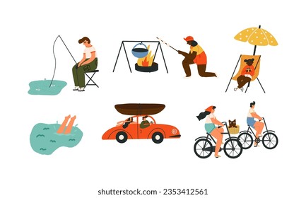 People on the hike, camping set. Family road trip, outdoors vacation, swimming in the lake or pool, fishing, riding a bike with a pet, frying marshmallows on the fire with friends. Vector clipart.