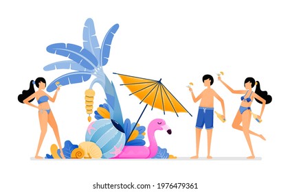 People on holiday to tropical island beach. Tourist enjoying party in beauty maldives beach during summer vacation. Illustration can be used for landing page, banner, website, web, poster, brochure