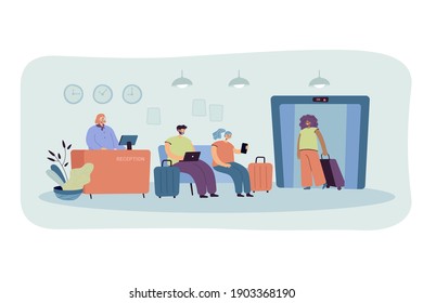 People on hotel reception isolated flat vector illustration. Cartoon receptionist standing at counter, woman using elevator, tourists sitting on sofa. Hostel interior and accommodation concept