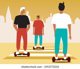 People on a hoverboard. Flat vector stock illustration. Modern electronic skateboarding, gyro. Urban transport in the city. People move eco-friendly. Hover board at the crosswalk. Color illustration
