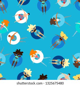 people on inflatable circles swim in the sea. seamless pattern