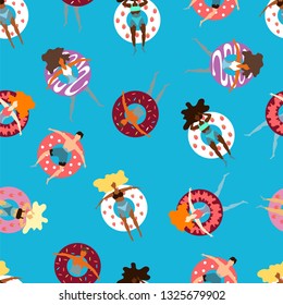 people on inflatable circles-cookies swim in the sea. seamless pattern