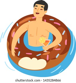 People on inflatable mattress vector party man character in swimsuit on floating doughnut in swimming-pool illustration boy in pool or sea isolated on background