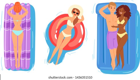 People on inflatable mattress vector woman man characters in swimsuit on floating doughnut in swimming-pool illustration set of girls boys in pool or sea isolated on background