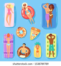 People on inflatable mattress vector woman man characters in swimsuit on floating doughnut in swimming-pool or sea illustration set of girls boys in pool, isolated on background.