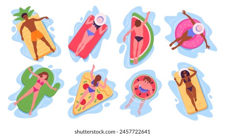 Personas en anillos inflables. Personajes masculinos y femeninos flotando en anillos de goma o colchones en la piscina o en el conjunto de Ilustración vectorial de mar. Personas de dibujos animados tomando el sol en juguetes inflables