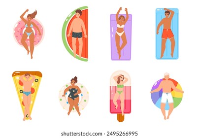 People on inflatable toys. Cute adults sunbathing on rubber mattresses and rings. Pizza slice donut ice cream watermelon. Vacations snugly vector set