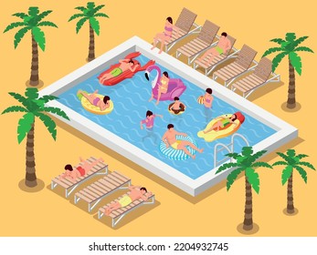 People on inflatable toys isometric composition with beach scenery lounge beds with people floating in pool vector illustration