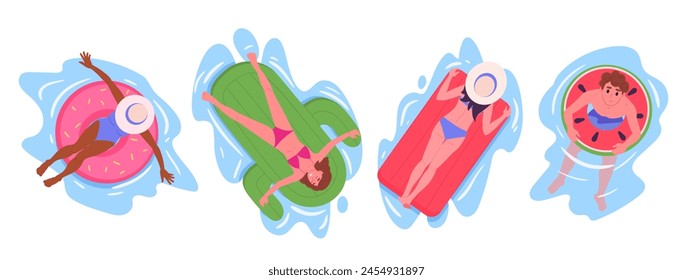 People on inflatable toys. Male and female characters floating on rubber rings or mattresses in sea or swimming pool flat vector illustration set. Swimming people