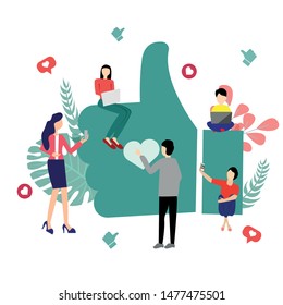 People on the internet are sharing. Communication via the Internet and social networks, news, messages, chats, search for friends, videos. Bright Vector Illustration