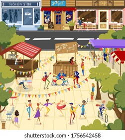 People on jazz festival vector illustration. Cartoon flat man woman dancer character dancing, performer musician band performing in outdoor city park, playing jazz music, street performance background