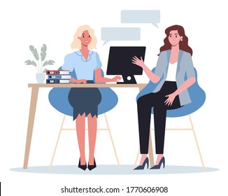 People on a job interview. Idea of business company and conversation with employee. Candidate for a job. Employment and recruitment. Isolated flat vector illustration