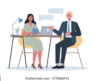 People on a job interview. Idea of business company and conversation with employee. Candidate for a job. Employment and recruitment. Isolated flat vector illustration