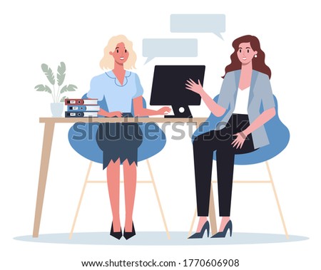 People on a job interview. Idea of business company and conversation with employee. Candidate for a job. Employment and recruitment. Isolated flat vector illustration