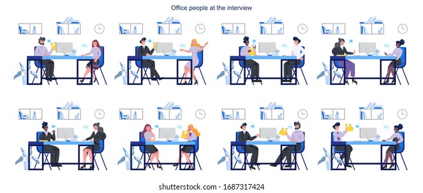 Gente en una entrevista de trabajo. Idea de empresa y conversación con el empleado. Candidato a un trabajo. Empleo y contratación. Ilustración vectorial plana aislada