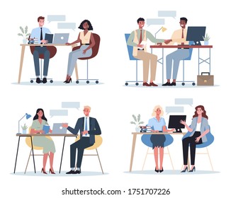 People on a job interview set. Idea of business company and conversation with employee. Candidate for a job. Employment and recruitment. Isolated flat vector illustration