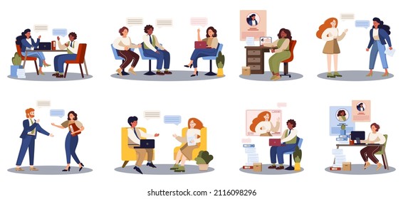 People on a job interview set. Idea of business company and conversation with employee. Candidate for a job. Employment and recruitment. Isolated flat vector illustration