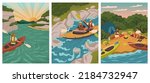 People on kayak rowing down to river. Water adventure sport vector posters set. Man and woman rafting, kayaking, canoeing, holding paddles. Camp with tent on lake beach