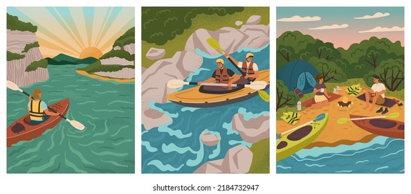 People on kayak rowing down to river. Water adventure sport vector posters set. Man and woman rafting, kayaking, canoeing, holding paddles. Camp with tent on lake beach