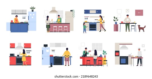 People on kitchen. Cartoon characters cooking together, man and woman family and friends preparing dinner at home and outdoor. Vector person cooking illustration of preparation cooking