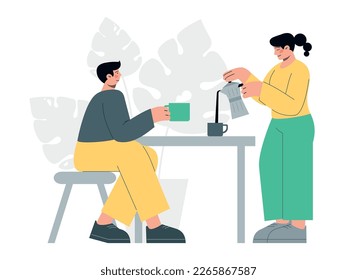 People on kitchen drink tea from teapot. Relax time. Flat vector minimalist illustrations
