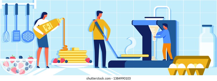 People on Kitchen Using Electronic Crepe Maker for Cooking Delicious Pancake. Put Dough into Machine, Baking, Topping with Sweet Cream. Smart Technology in Human Life Cartoon Flat Vector Illustration
