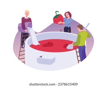 People on ladder preparing tasty strawberry jam in huge pan. Fruit jam dessert making. Vector illustration handmade jam cooking isolated on white background.