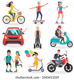 People on land transport vehicles color flat illustration set