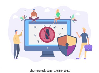 People on laptops are testing new software. Search for the virus. Beta testing or testing of a new product, antivirus sale concept. Colorful vector illustration