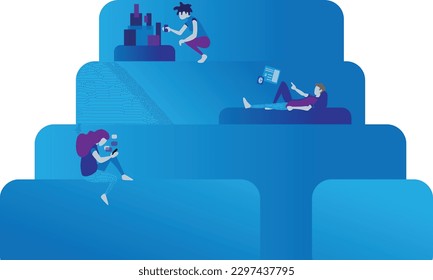 Personas en grandes pasos redondeados trabajando en varios trabajos tecnológicos. Smartphone, pantalla flotante y trabajos de construcción.