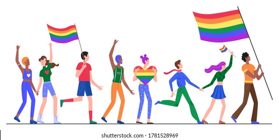 People on LGBT pride parade vector illustration. Cartoon flat lesbian gay bisexual transgender queer character group holding rainbow flag on sexual discrimination protest LGBT parade isolated on white - Shutterstock ID 1781528969