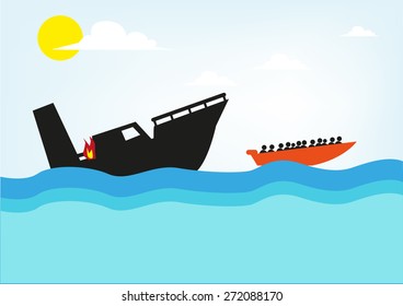 People on a Lifeboat escaping a Sinking Ship.
