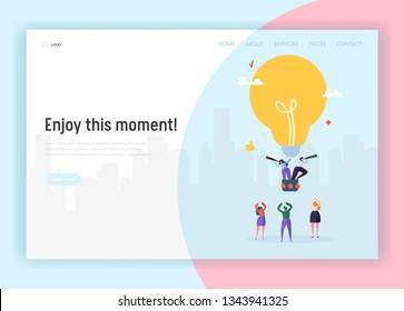 People on Lightbulb Flying Airballoon Looking for Business Idea Concept Landing Page. Male and Female Character in Suit Make Creative Solution Website or Web Page. Flat Cartoon Vector Illustration