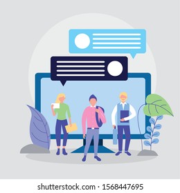 people on line with desktop computer vector illustration design