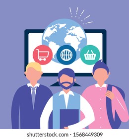 people on line with desktop computer vector illustration design