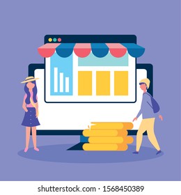 people on line with desktop computer vector illustration design