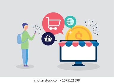 people on line with desktop computer vector illustration design