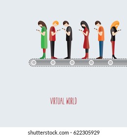 people on the line isolated vector illustration flat design young addicted to smart phone & mobile. funny print & distracted person, Read send messages cell phone & text virtual world. women & men.