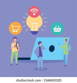 people on line with laptop computer vector illustration design