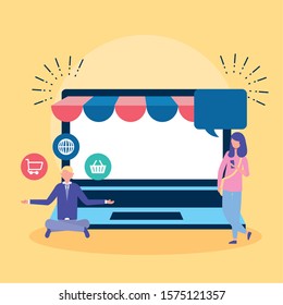 people on line with laptop computer vector illustration design