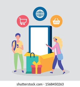 people on line with smartphone vector illustration design