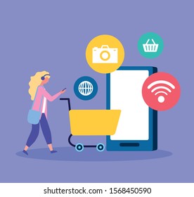 people on line with smartphone vector illustration design