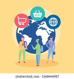people on line with social media marketing icons vector illustration design