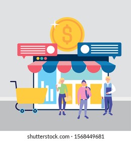 people on line with webpage template vector illustration design